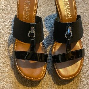 Italian Shoemakers Black Patent & Tan Slide Sandals